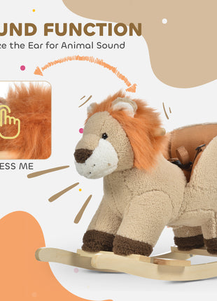 Baby Rocking Horse Lion with Sound, Plush Stuffed Rocking Animals, Wooden Rocking Horse with Seat Belt for 18-36 Months Boys and Girls Gift, Brown