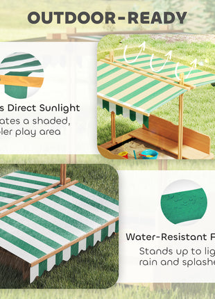 Wooden Kids Sandbox with Cover, Children Outdoor Sand Box with Foldable Bench Seats and Adjustable Canopy