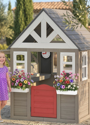Outdoor Playhouse, Wooden Kids Playhouse with Dog Door, Flower Box, Cookware & Window for Garden Ages 2+, Gray