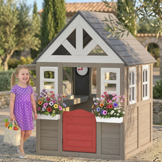 Outdoor Playhouse, Wooden Kids Playhouse with Dog Door, Flower Box, Cookware & Window for Garden Ages 2+, Gray