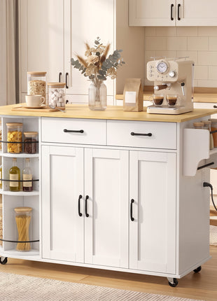 53" Kitchen Island with Power Outlet and Drop Leaf, Kitchen Cart on Wheels with 360° Rotating Rack, White