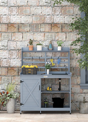 Wooden Potting Bench with Storage, Sink, Water Tap for Backyard, Patio, Balcony, Gray