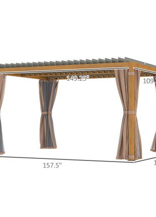 10' x 13' Outdoor Retractable Pergola w/ Sun Shade Louvered Top, Pergola w/ Canopy, Curtains, Netting, Natural Wood