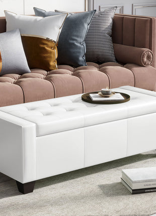 50.5" Faux Leather Rectangular Tufted Storage Ottoman for Living Room, Entryway, or Bedroom, White