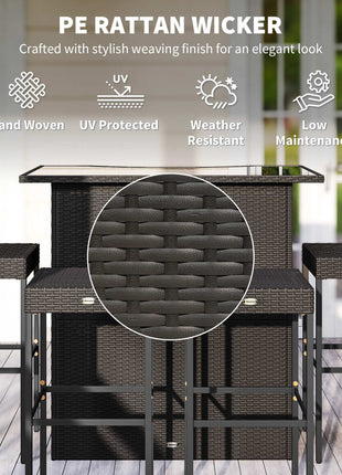 5 Piece Rattan Wicker Bar Set, High Top Outdoor Table and Chairs, Bar Height Patio Set, 2 Shelves & 4 Bar Stools, Brown