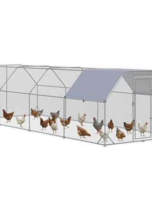 Large Chicken Coop Metal Chicken Run with Waterproof and Anti-UV Cover, Flat Shaped Walk in Fence Cage Hen House for Outdoor and Yard Farm Use, 1" Tube Diameter, 9.2' x 24.9' x 6.4'