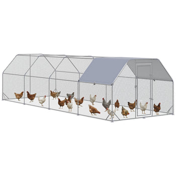 Large Chicken Coop Metal Chicken Run with Waterproof and Anti-UV Cover, Flat Shaped Walk in Fence Cage Hen House for Outdoor and Yard Farm Use, 1" Tube Diameter, 9.2' x 24.9' x 6.4'