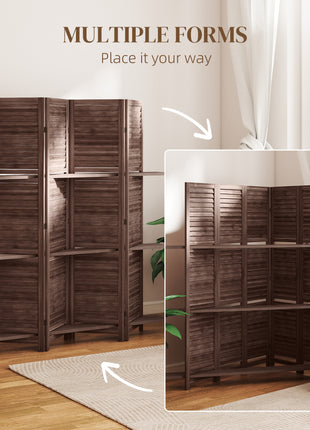 5 Panel 67" Tall Wood Privacy Screen Room Divider with 3 Shelves and Folding Storage for Bedroom, Walnut