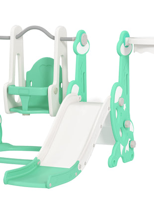 4 in 1 Toddler Slide and Swing Set for Ages 1.5-4, Toddler Playset Playground with Climber, Basketball Hoop, Green