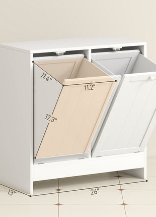 Tilt-out Laundry Storage Cabinet with 2 Compartment Hampers, White