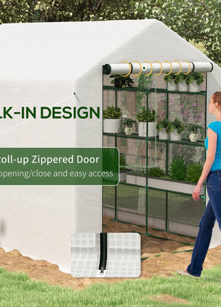 Outdoor Walk-in Greenhouse with Roll-up Zipper Door, 18 Shelves, PE Cover, 95.25" x 70.75" x 82.75", White