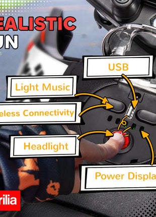 12V Aprilia Licenced Kids Motorcycle with Training Wheels, Spring Suspension, LED Light, USB, Music, Red