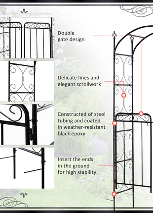 84" Garden Arch Arbor with Gate, Metal Arch Trellis, Garden Archway for Climbing Vines, Wedding Ceremony Decoration, Flourishes & Arrow Tips, Black