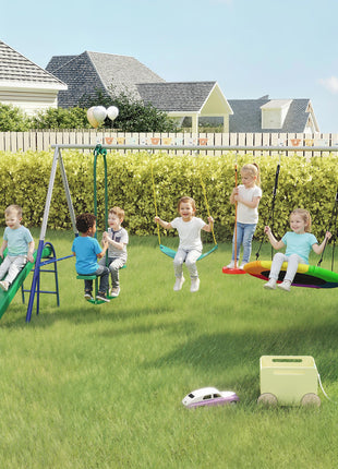 5-in-1 Kids Swing Set with Slide, Swings and Glider for Backyard, 770lbs Capacity, for Ages 3-8, Mixed Color