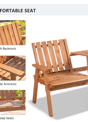 Patio Bench, Garden Bench with Middle Table and Umbrella Hole, Wooden Outdoor Bench for Patio, Porch, Poolside, Balcony, Orange