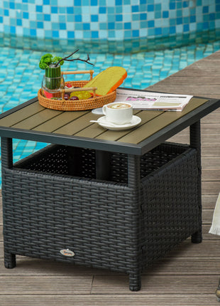 22" Outdoor Side Table with Umbrella Hole, Rattan Wicker End Table with Sand Bag and Steel Frame for Patio, Garden, Backyard, Black & Tan