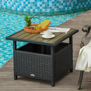22" Outdoor Side Table with Umbrella Hole, Rattan Wicker End Table with Sand Bag and Steel Frame for Patio, Garden, Backyard, Black & Tan