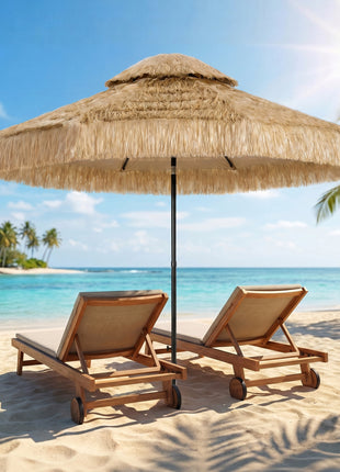 8.5 FT Hula Thatched Tiki Patio Umbrella, 2-Tier Tropical Hawaiian Style Outdoor Umbrella with 8 Ribs, UPF30+, Khaki