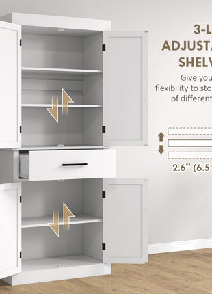 72" Tall Kitchen Cabinet, Kitchen Pantry Cabinet with Barn Doors, Drawer, 5-Tier Shelf and Adjustable Shelves, White