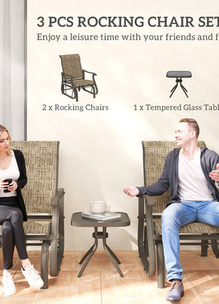 3-Piece Outdoor Gliders Set Bistro Set with Steel Frame, Tempered Glass Top Table for Patio, Garden, Light Mixed Brown