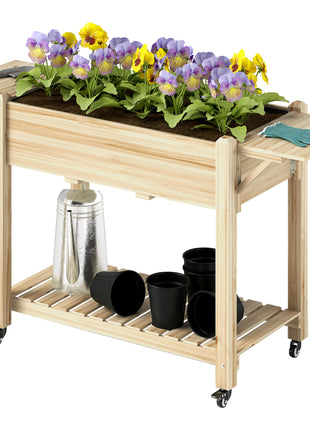 Wood Raised Planter Box, Elevated Garden Bed with Lockable Wheels, Side Tables, Bottom Shelf, Drain Holes, Natural