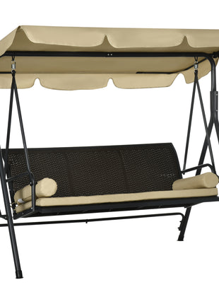 3-Seat Patio Swing Chair, Outdoor Canopy Swing Glider with Removable Cushion, Pillows, Adjustable Shade, and Rattan Seat, for Porch, Garden, Poolside, Backyard