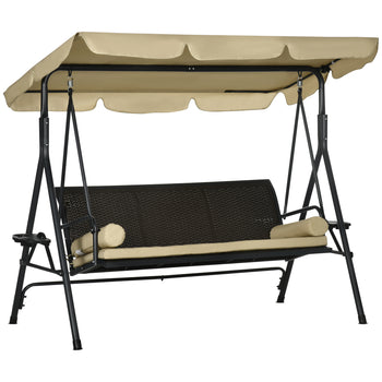 3-Seat Patio Swing Chair, Outdoor Canopy Swing Glider with Removable Cushion, Pillows, Adjustable Shade, and Rattan Seat, for Porch, Garden, Poolside, Backyard