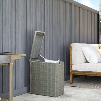 17-Gallon Small Deck Box, Wicker Outdoor Storage Box with Acacia Wood Top for Patio Cushions and Garden Tools, Gray