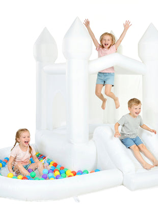 Inflatable Bounce House, 3-in-1 White Castle Bouncy House with Slide, Ball Pit and 370W Blower for Kids Ages 3-8, White