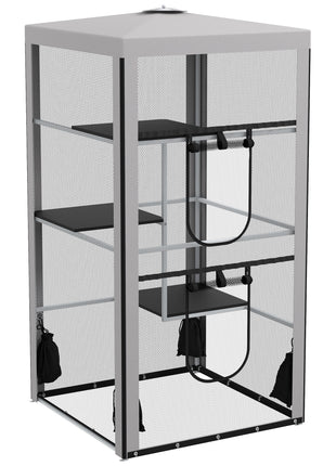 79"H Cat House Kitten Enclosure Mesh Playpen Steel Frame with 3 Platforms, 2 Doors and 4 Sandbags for Stability, Indoor/Outdoor