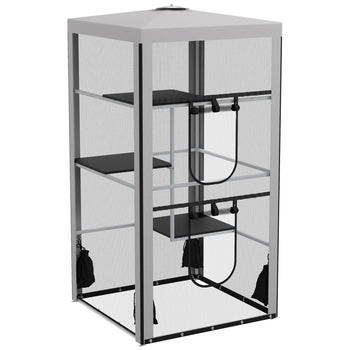 79"H Cat House Kitten Enclosure Mesh Playpen Steel Frame with 3 Platforms, 2 Doors and 4 Sandbags for Stability, Indoor/Outdoor