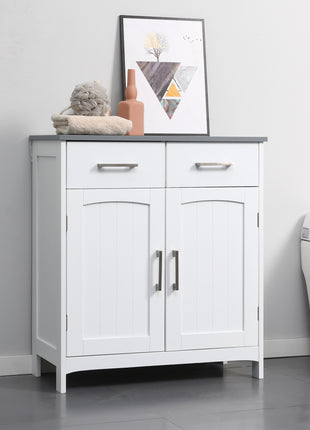 Bathroom Floor Cabinet, Freestanding Linen Cabinet, Storage Cabinet with 2 Drawers, Double Doors, Adjustable Shelf, White