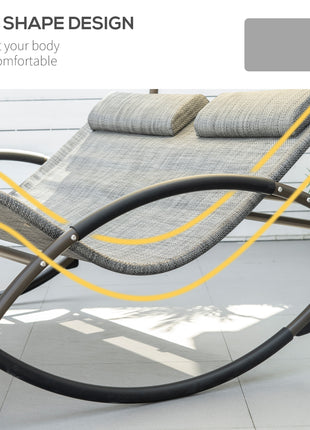 Outdoor Double Chaise Rocking Chair, Day Bed Sun Lounger with Canopy Shade, Headrest Pillow, Armrests for Garden, Poolside, Light Gray