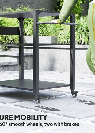 3-Tier Outdoor Grill Cart with Storage Racks, Side Handle, Movable Pizza Oven Table on Wheels
