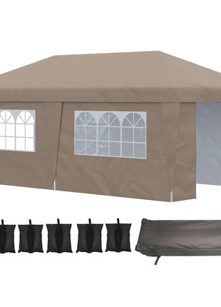 10' x 19.5' Pop Up Canopy Tent Height Adjustable Event Shelter w/ Sidewalls, Leg Weight Bags, Wheeled Carry Bag, Brown