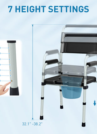 Bedside Commode Chair for Seniors, Adults, Handicap, Raised Toilet Seat with Arm, Adjustable Height, 331 lbs, Black