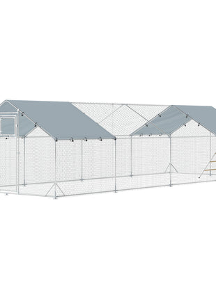 Metal Chicken Coop, 26' x 10' x 6.4' Large Chicken Run with Feeding Door, Waterproof Cover, Hanging Feeder, Perch