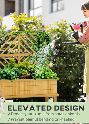 Elevated Wood Planter with Trellis for Climbing Plants, Raised Garden Bed with Legs and Drainage Holes, Natural Wood