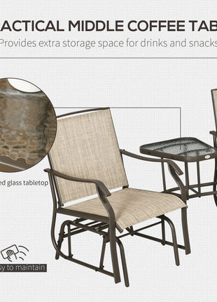 Outdoor Glider Chairs with Coffee Table, Patio 2-Seat Rocking Chair Swing Loveseat with Breathable Sling for Backyard, Garden, and Porch, Light Brown