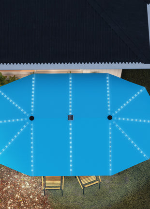 15ft Double-Sided Outdoor Umbrella with Solar Lights, UPF50+ Extra Large Aluminum Patio Umbrella with Crank, Blue