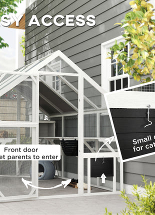 Wooden Catio Outdoor Cat Enclosure with Waterproof Cover, 2 Condos, 6 Platforms, Bridge, Doors, White