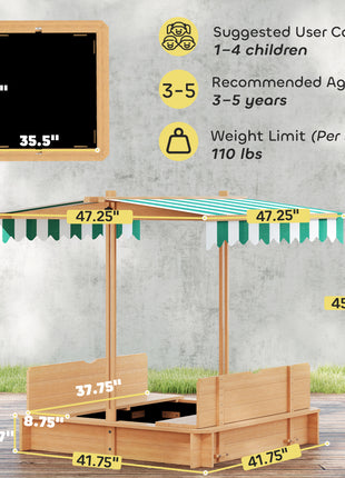 Wooden Kids Sandbox with Cover, Children Outdoor Sand Box with Foldable Bench Seats and Adjustable Canopy