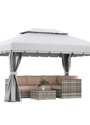 10' x 13' Patio Gazebo, Aluminum Frame Double Roof Outdoor Gazebo Canopy Shelter with Netting & Curtains, Light Gray