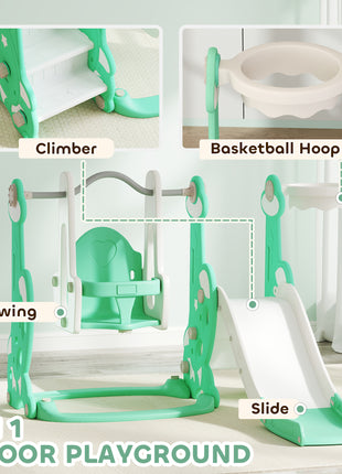 4 in 1 Toddler Slide and Swing Set for Ages 1.5-4, Toddler Playset Playground with Climber, Basketball Hoop, Green
