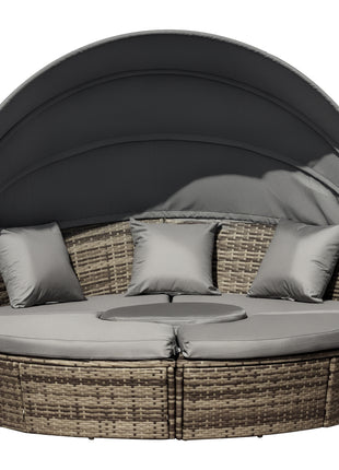 4-Piece Round Convertible Daybed with Cushions, Outdoor PE Rattan Patio Wicker Sofa Set, Sunbed with Adjustable Sun Canopy, Sectional Sofa, 2 Chairs, Table, 3 Pillows, Dark Gray