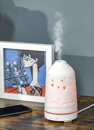 100ml Ultrasonic Aromatherapy Diffuser, Essential Oils Humidifier with Ceramic Cover, 7 Colors LED Lights, Timer, White