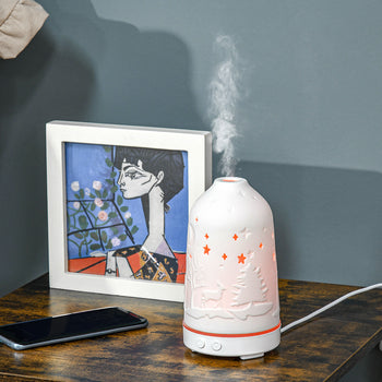 100ml Ultrasonic Aromatherapy Diffuser, Essential Oils Humidifier with Ceramic Cover, 7 Colors LED Lights, Timer, White