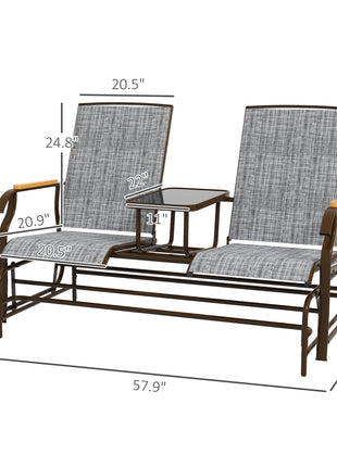 Outdoor 2-Person Glider Bench, Outside Glider Swing Chair Loveseat with Table, Steel Frame, Gray