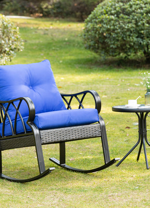 Outdoor Wicker Rocking Chair with Padded Cushions, Aluminum Furniture Rattan Porch Rocker Chair w/ Armrest for Garden, Patio, and Backyard, Blue