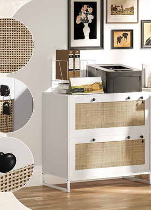 Lockable Filing Cabinet, Boho 2 Drawer File Cabinet with Adjustable Hanging Bar for Letter, A4 and Legal Size, White